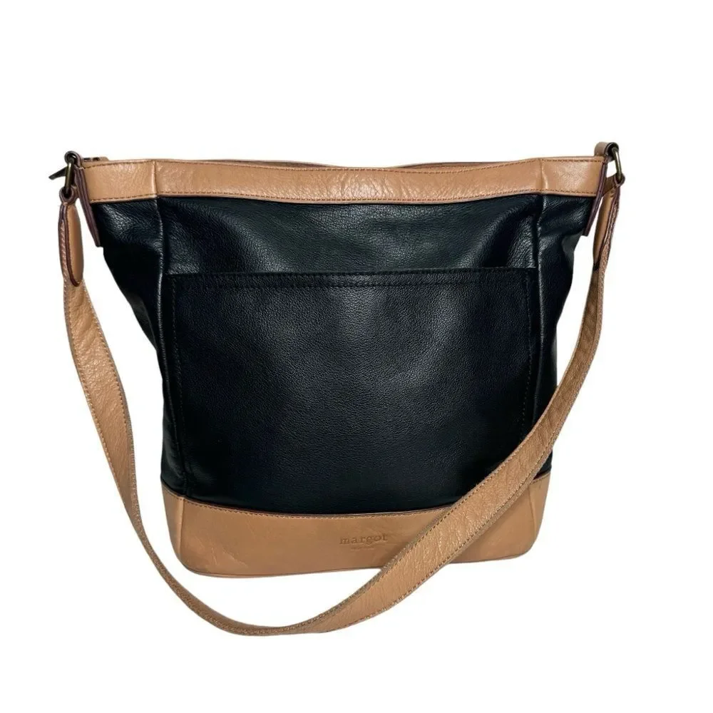 Margot black tan Colorblock Supple Leather Shoulder Bag Soft Slouchy Classic